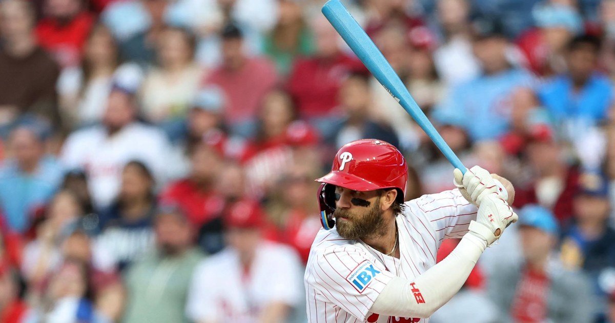 Phillies star Bryce Harper uses a blue bat in gender reveal for his child