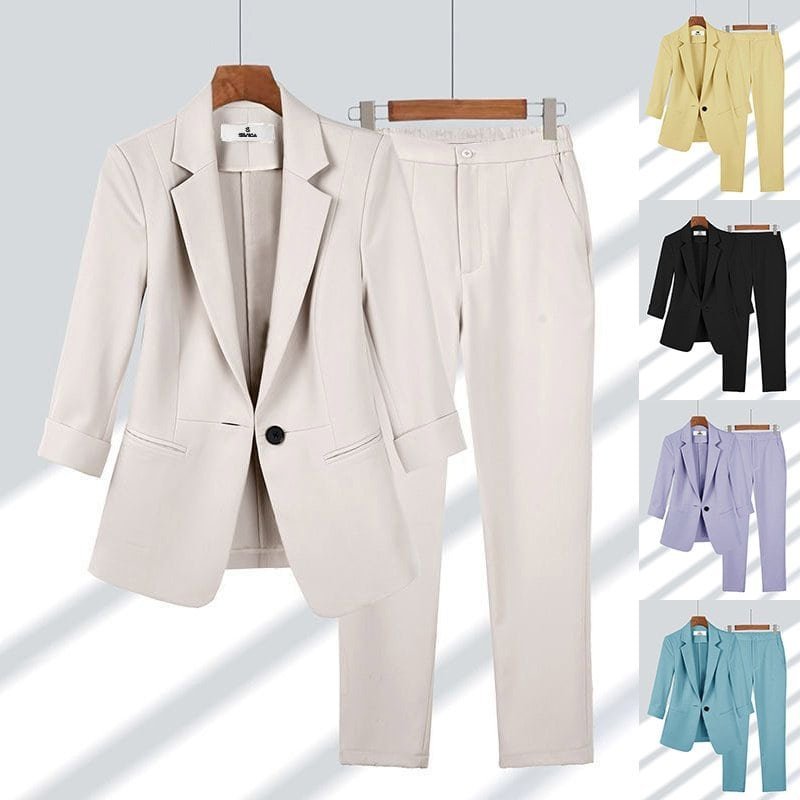 2pcs Women’s Office Blazer Suit – Solid Color Lapel Jacket & Zipper Straight Pants