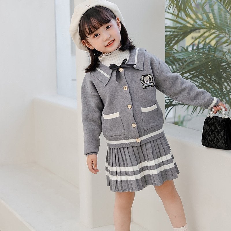 Girls’ Embroidered Long Sleeve Cardigan & Pleated Skirt – Stylish Two-Piece Outfit