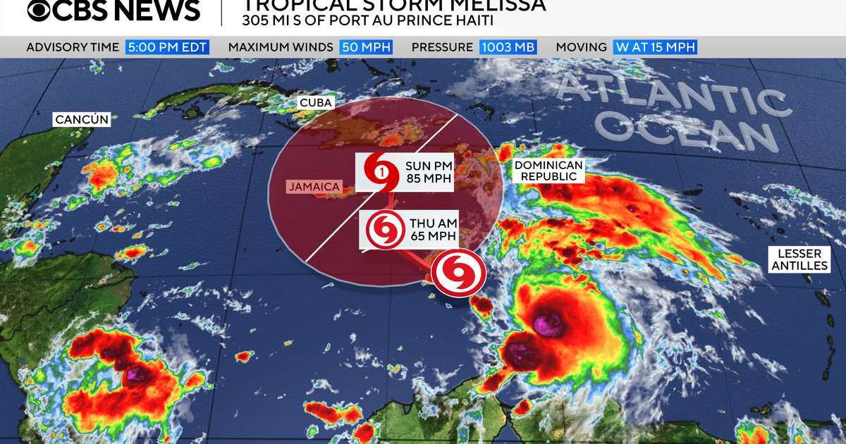 Tropical Storm Melissa forms in the Atlantic. Maps show its forecast path.