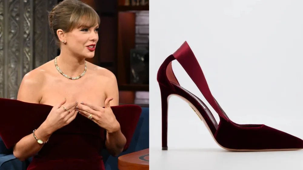 Taylor Swift Wears Dangerous Aquazzura Pumps on ‘Colbert’