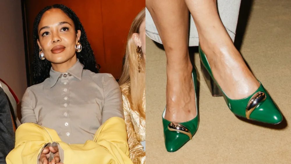 Tessa Thompson Color Blocks With Green Pumps at Tory Burch Show