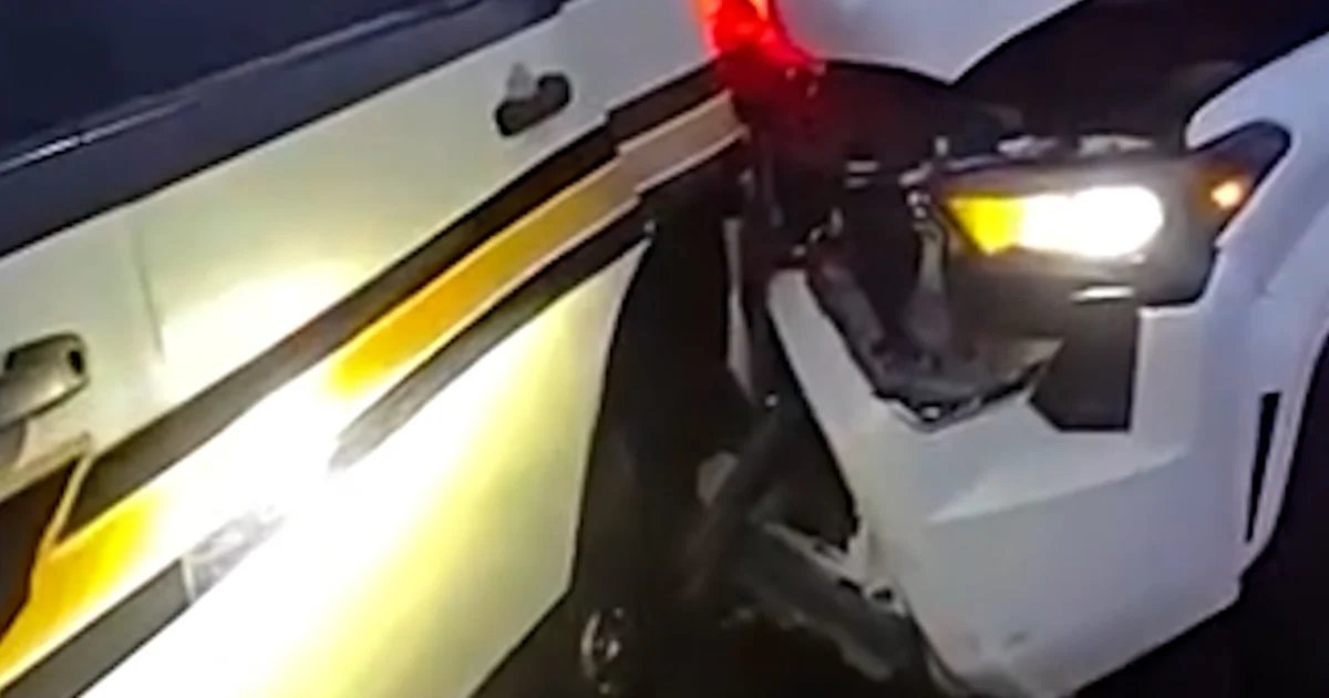 Trooper nearly pinned after his car is hit on highway