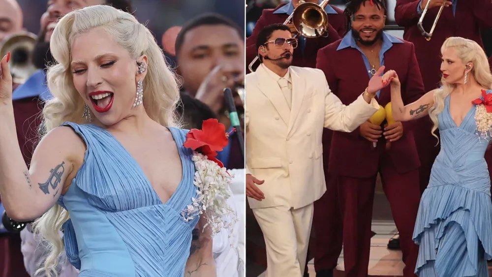 Lady Gaga’s Blue Flamenco Dress at Super Bowl Bad Bunny Halftime Show
