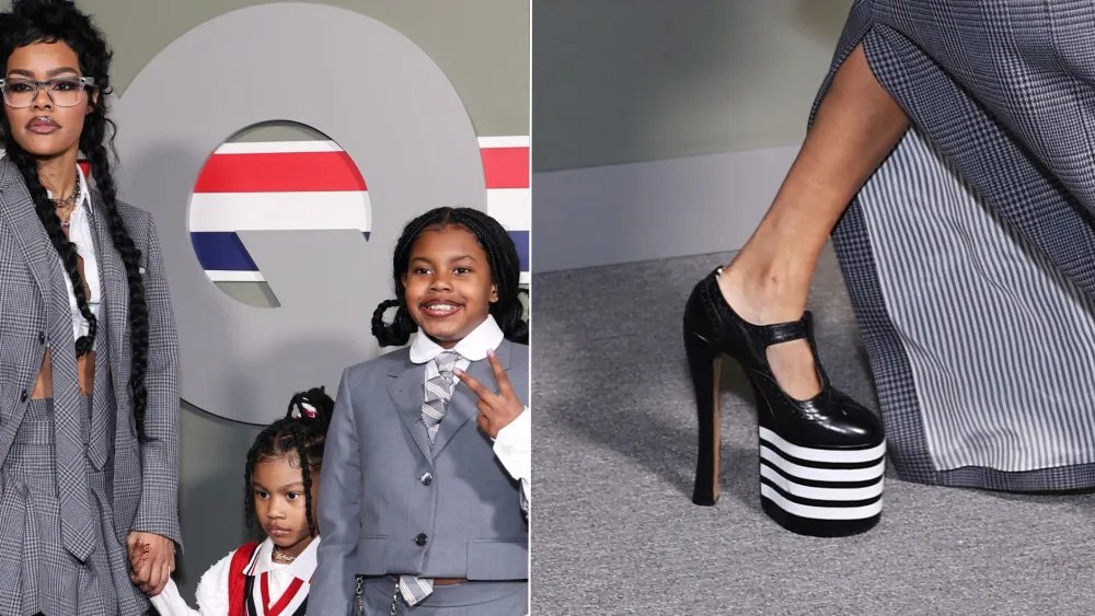 Teyana Taylor Twins With Her Kids at Thom Browne in Striped Platforms