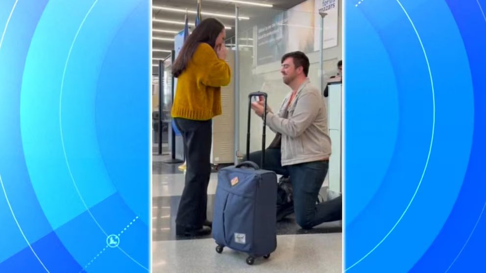 WATCH:  Couple's love story begins and blossoms at an airport Chili's