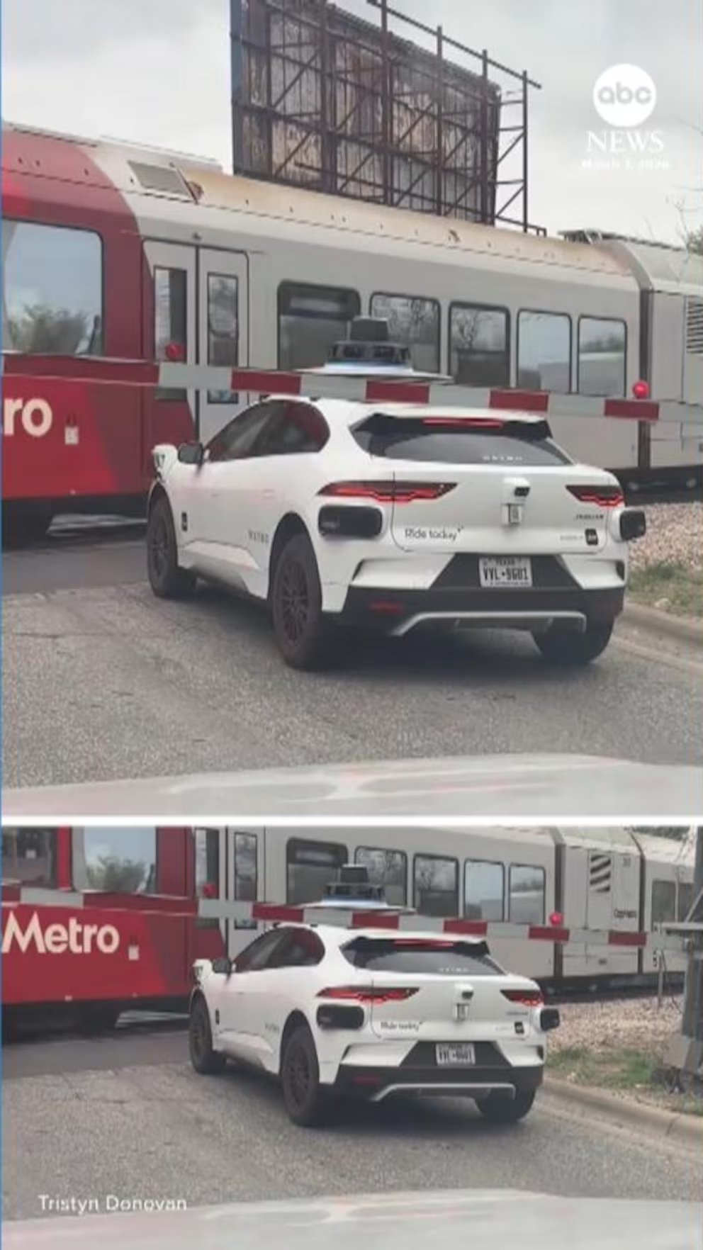 Video Waymo vehicle stops inside railway crossing gate