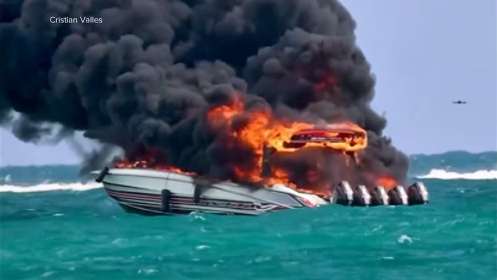 Video Emergency crews rescue tourists from boat fire off Miami Beach coast