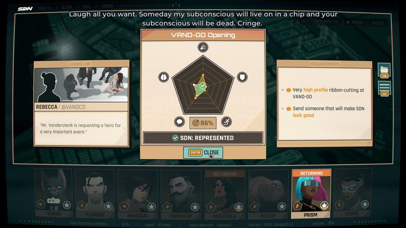 Just like XCOM, superhero comedy Dispatch cheats random percentages of success in the player’s favor: ‘anything that had over a 76% success chance would automatically succeed’