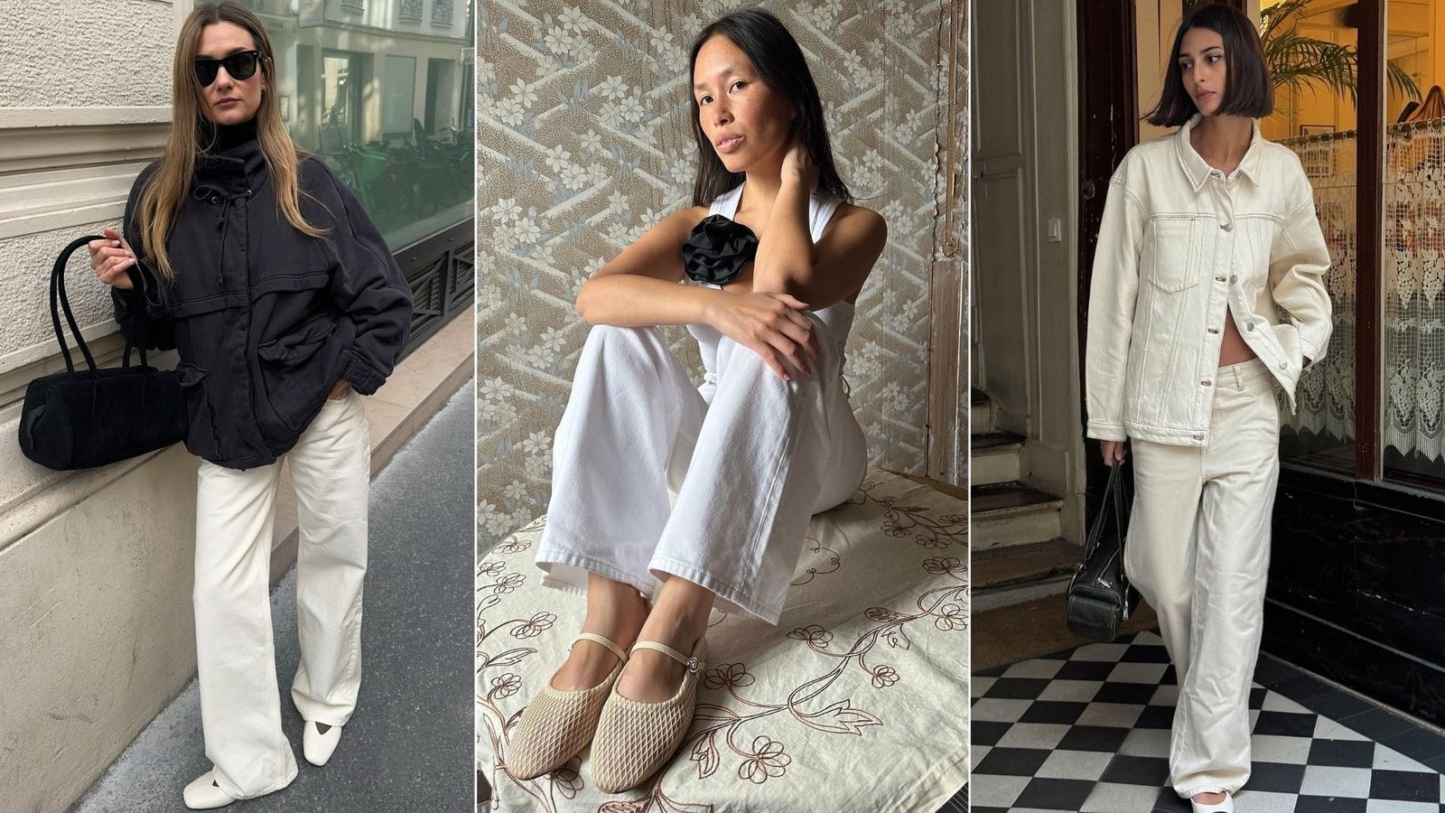 3 French Girl-Approved White Jeans + White Flat Shoe Outfits