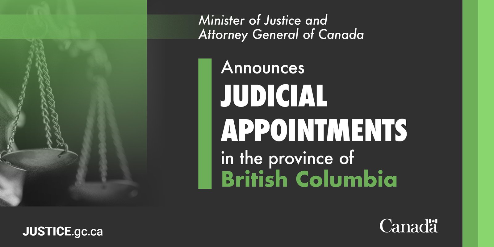 Minister of Justice and Attorney General of Canada announces judicial appointments in the province of British Columbia