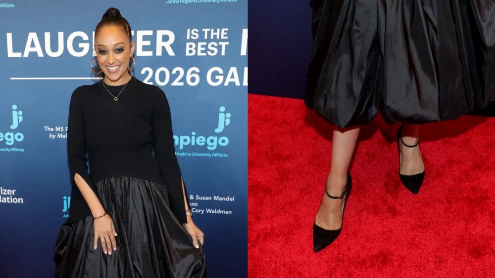 Tia Mowry’s Suede Heels Perfectly Complemented a Billowy Simkhai Look