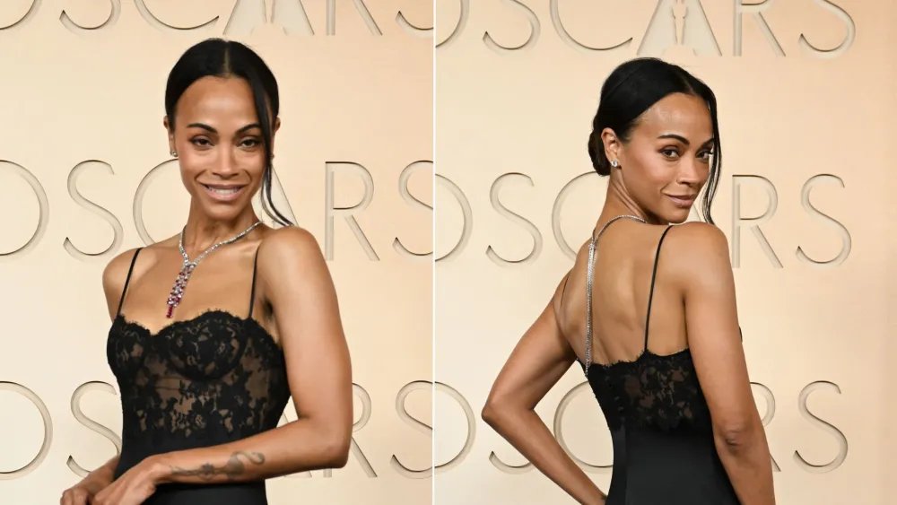Zoe Saldaña Pairs Lace and Satin for the 2026 Oscars Red Carpet
