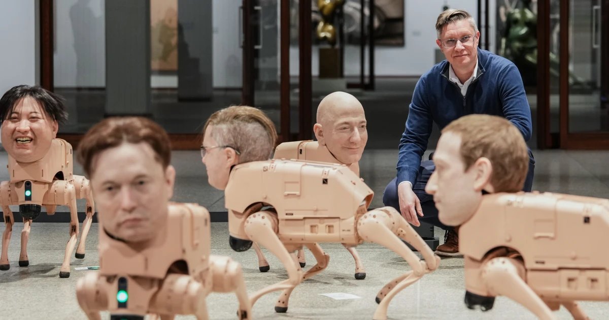 Robot dogs with Musk and Zuckerberg heads roam around Berlin museum in Beeple’s new exhibit