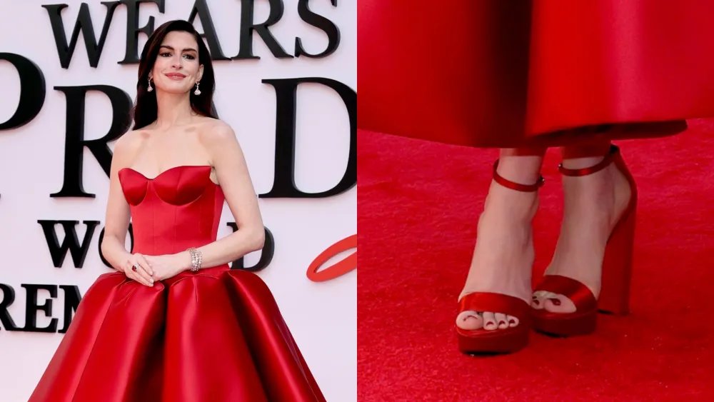 Anne Hathaway Wears Red Platforms for ‘Devil Wears Prada 2’ Premiere