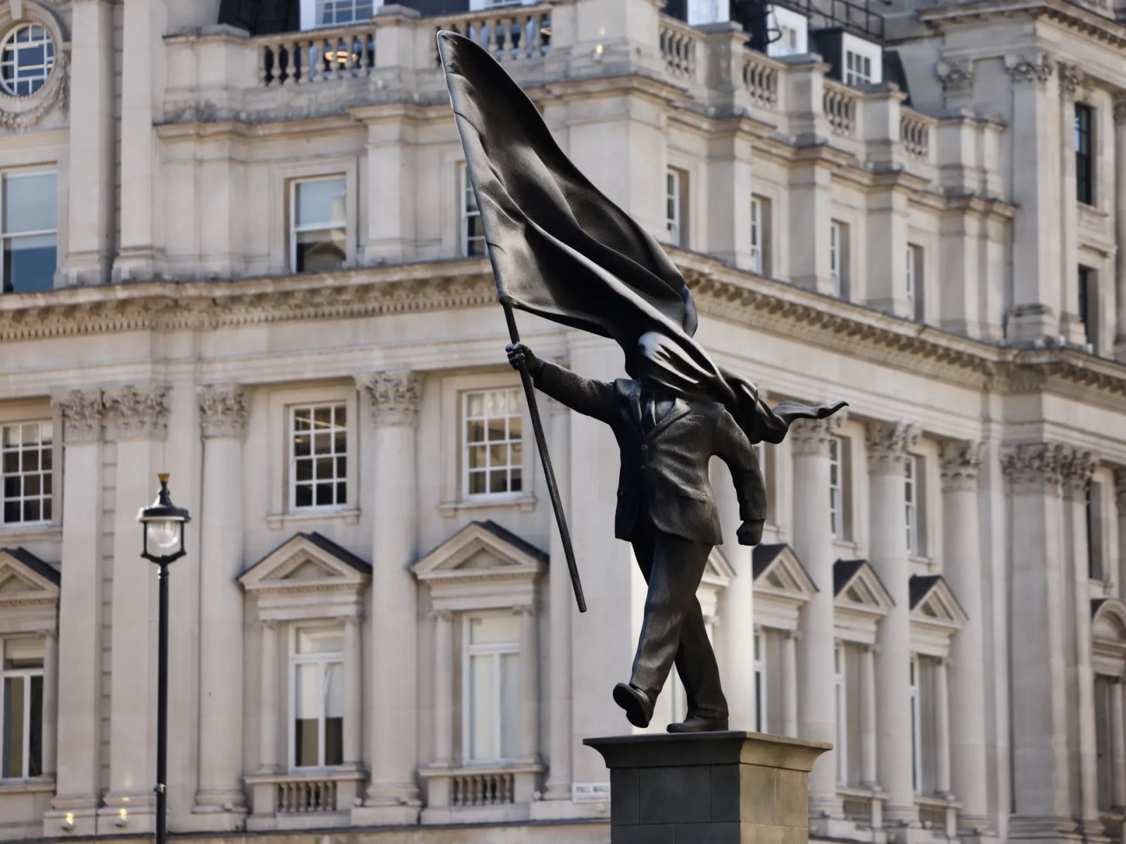 New Banksy sculpture appears to show politician blinded by his own flag | Arts and Culture