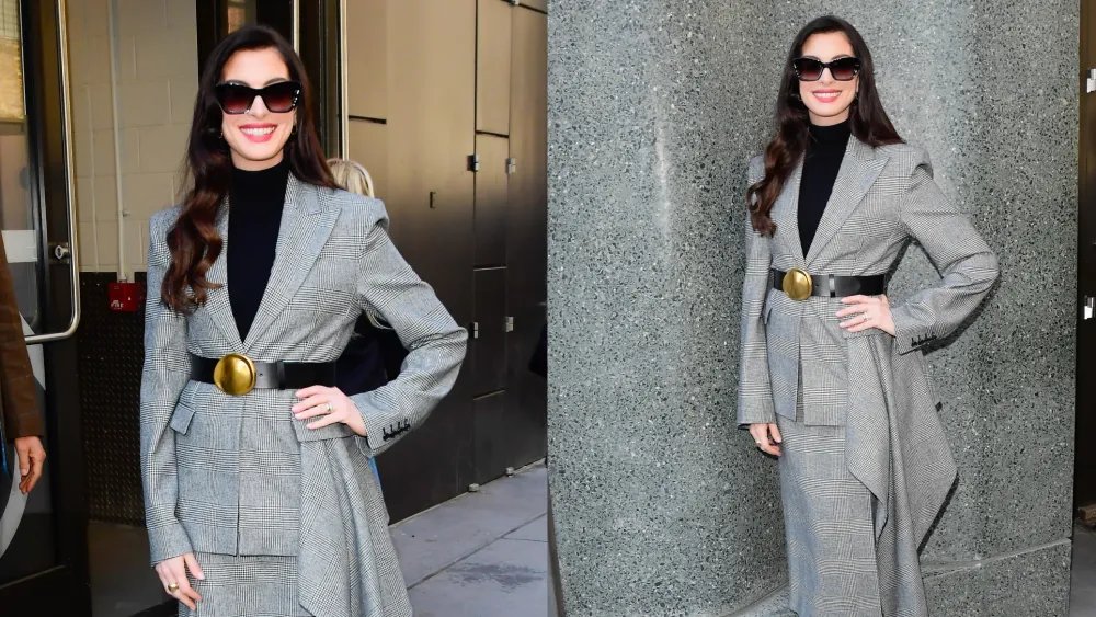 Anne Hathaway Gives Checked Tailoring an Asymmetric Twist in New York