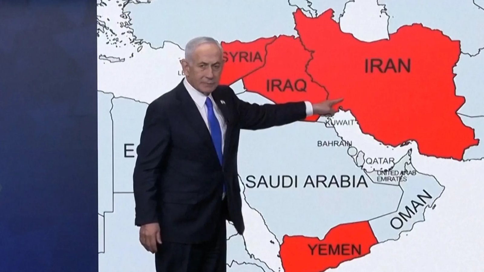 Netanyahu next to Middle East map: ‘We strangled them and have more to do’ | Benjamin Netanyahu