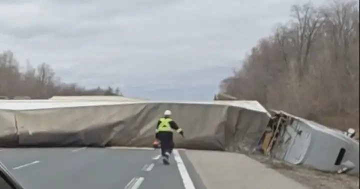 No injuries after transport truck collides with SUV on Highway 403: ‘Truly a miracle’