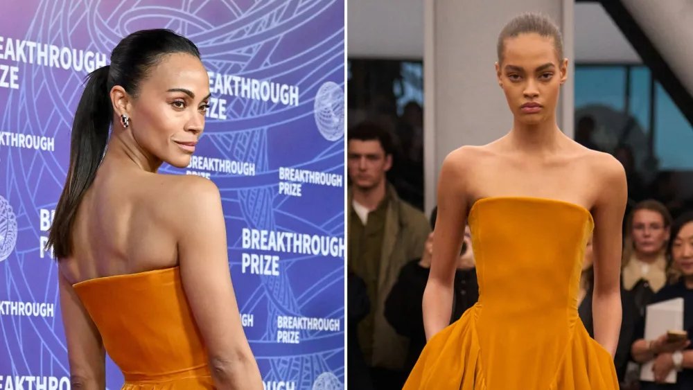 Zoe Saldaña Leans Into Orange Velvet Asymmetry in Alaïa