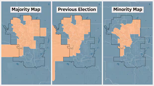 CBC News mapped proposals of Alberta boundary changes to last election results