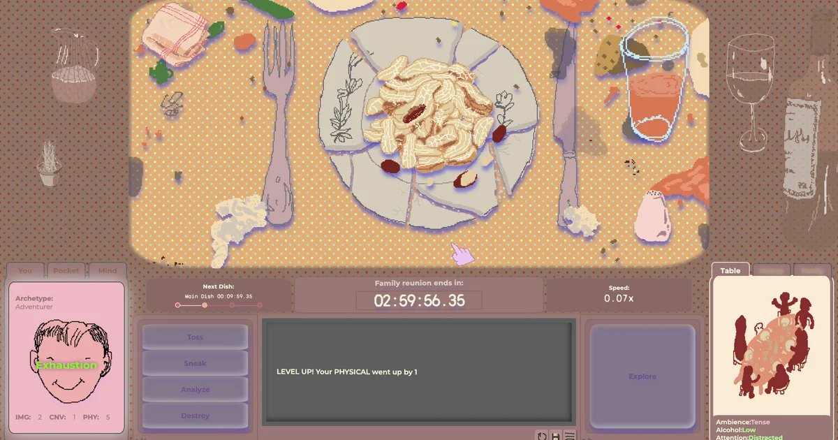 Family Reunion is a dinnertime simulation game that captures the wonder and boredom of being a loosely disciplined 7-year-old