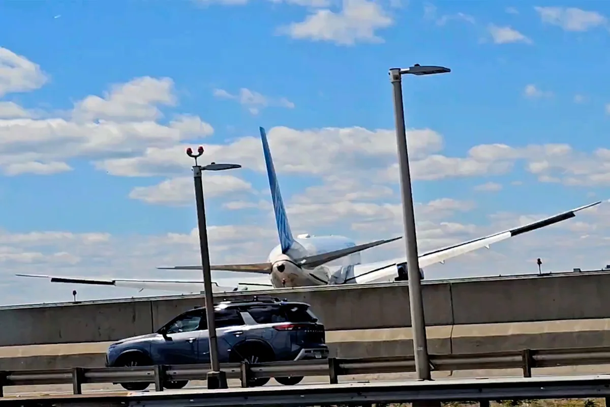 A United jet narrowly avoided catastrophe when it struck a truck near Newark airport during landing