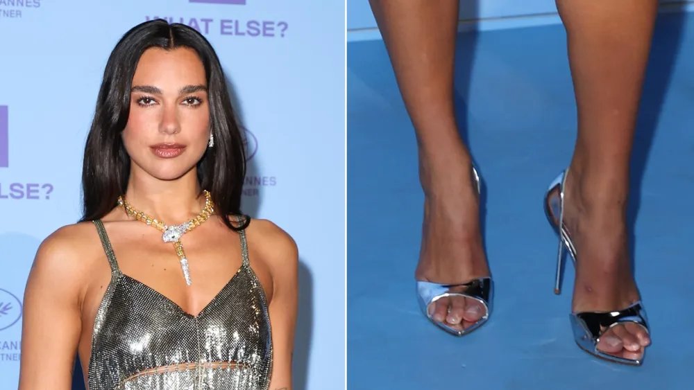 Dua Lipa Goes Mirror Monochrome in Silver Le Silla Sandals in Cannes