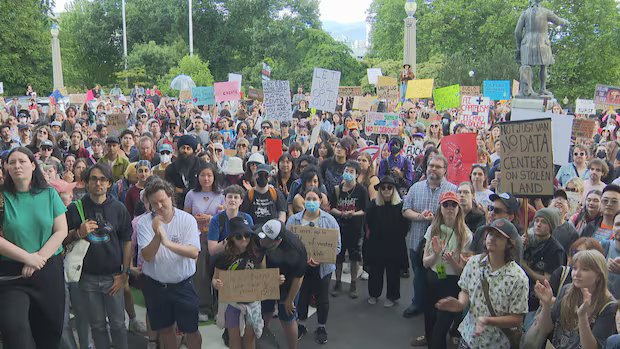 Hundreds march in Vancouver to oppose planned AI data centres