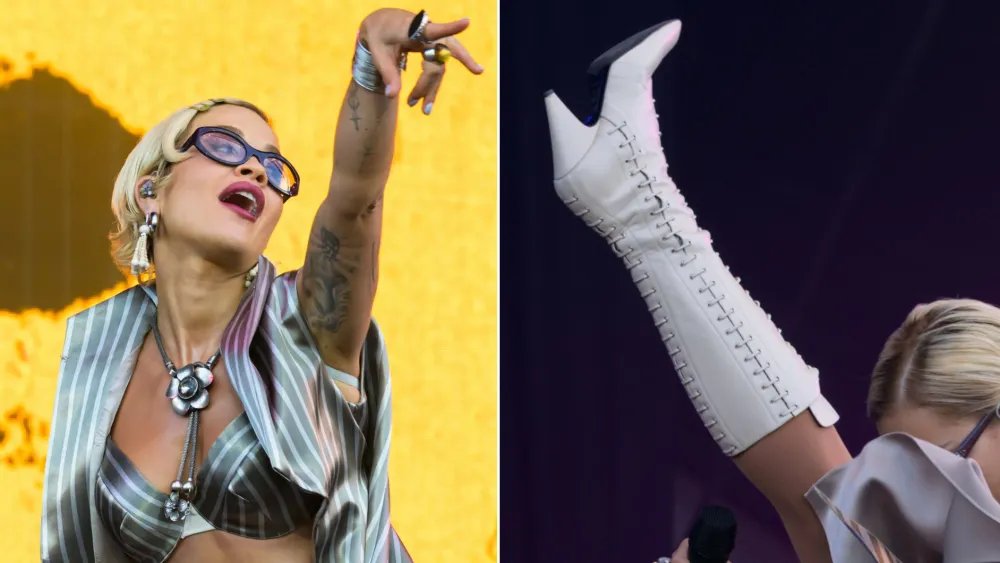 Rita Ora Triples the Lace on White Knee-high Boots at Isle of Wight
