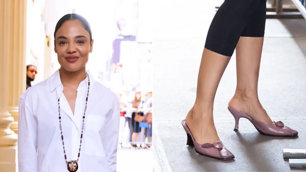 Tessa Thompson Pulls Prada’s Mauve Rose Mules From the Y2K Archive