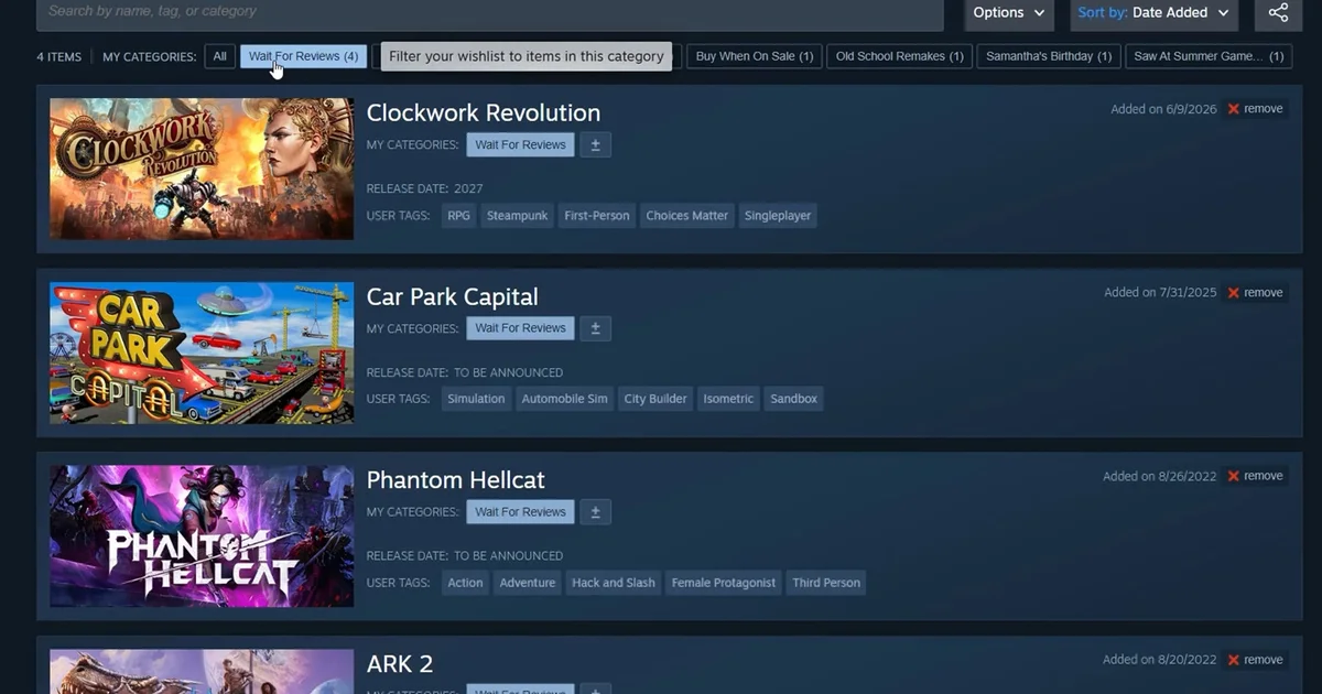 Steam wishlists are getting categories, making it even easier to organise all those games you’ll definitely buy next sale