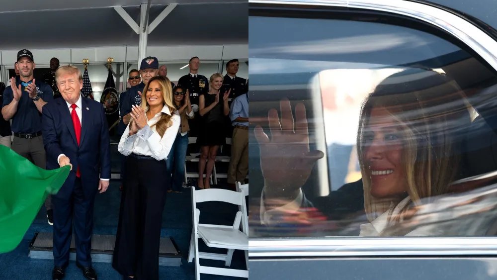 Melania Trump Favors Crisp Tailoring at Freedom 250 Grand Prix