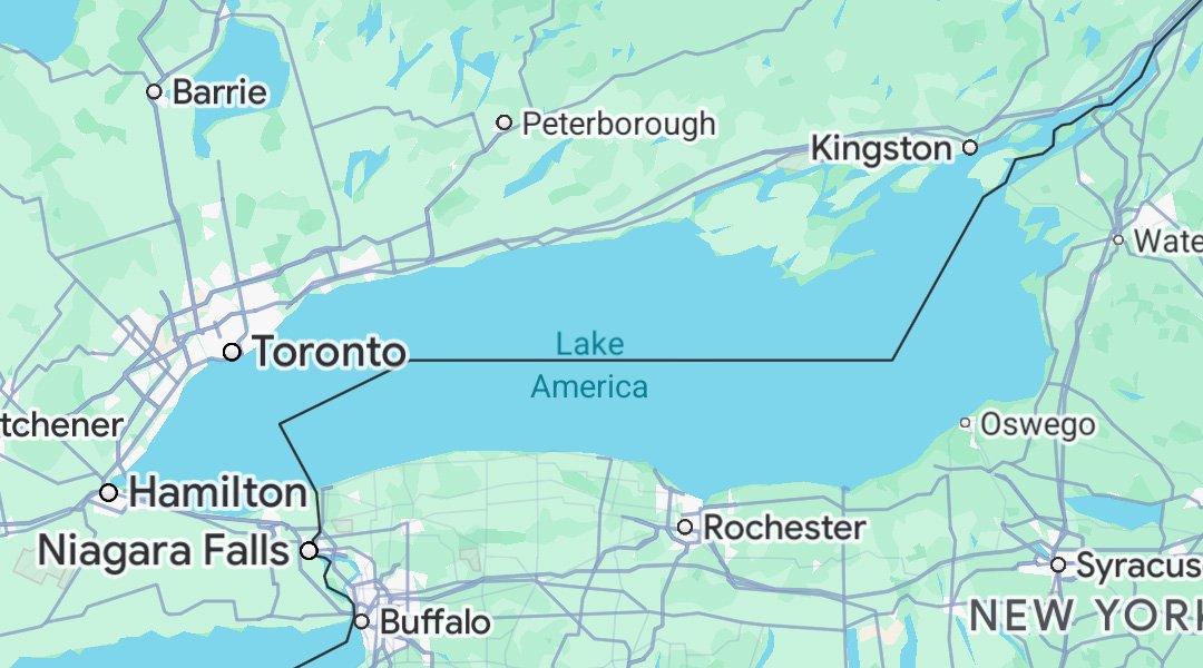 Google Maps renames “Lake Ontario” to “Lake America” even faster than US government