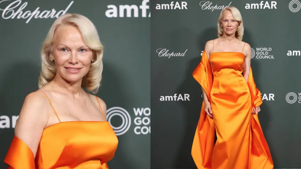 Pamela Anderson Looks Radient In Bright Orange Gown At 2026 amfAR Gala