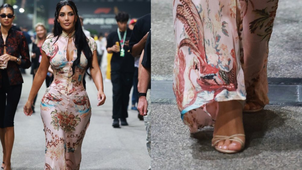 Kim Kardashian Pairs Roberto Cavalli With Strappy Sandals in Singapore
