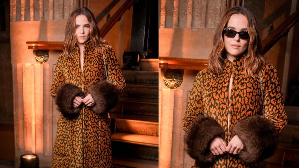 Zoey Deutch Dons Leopard Print Outerwear At Valentino Spring 2027 Show